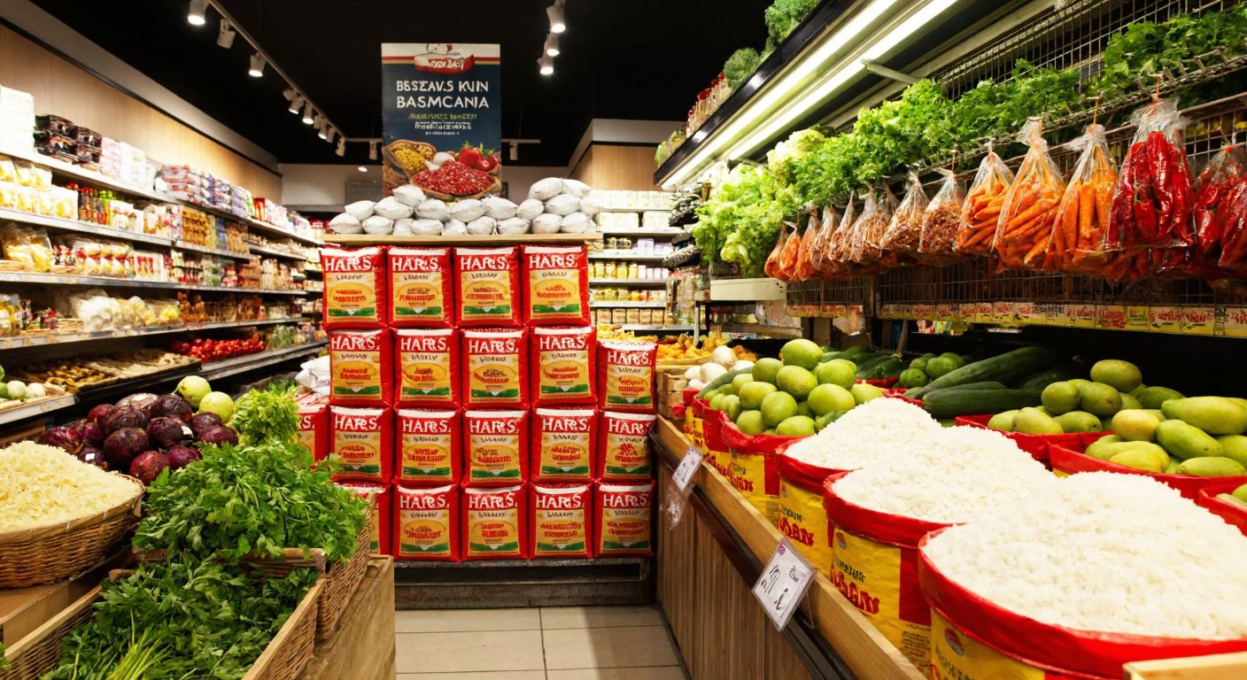 A vibrant Turkish grocery aisle with neatly stacked bags of Harras brand basmati rice, surrounded by fresh produce and spices, under warm lighting.