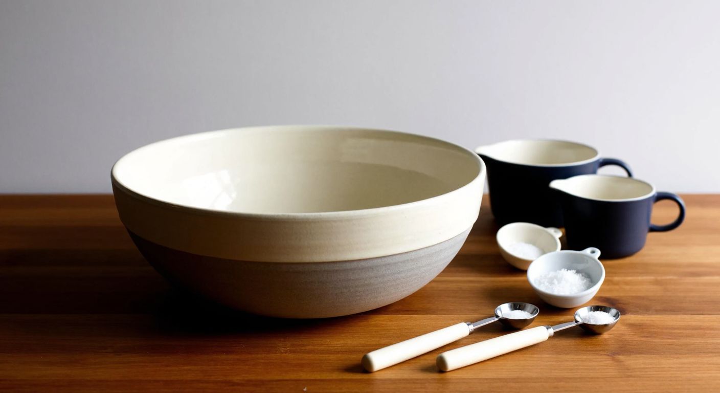 A deep, round ceramic bowl with a 16 cm diameter sits on a wooden table, surrounded by measuring cups and spoons, evoking curiosity about its volume.