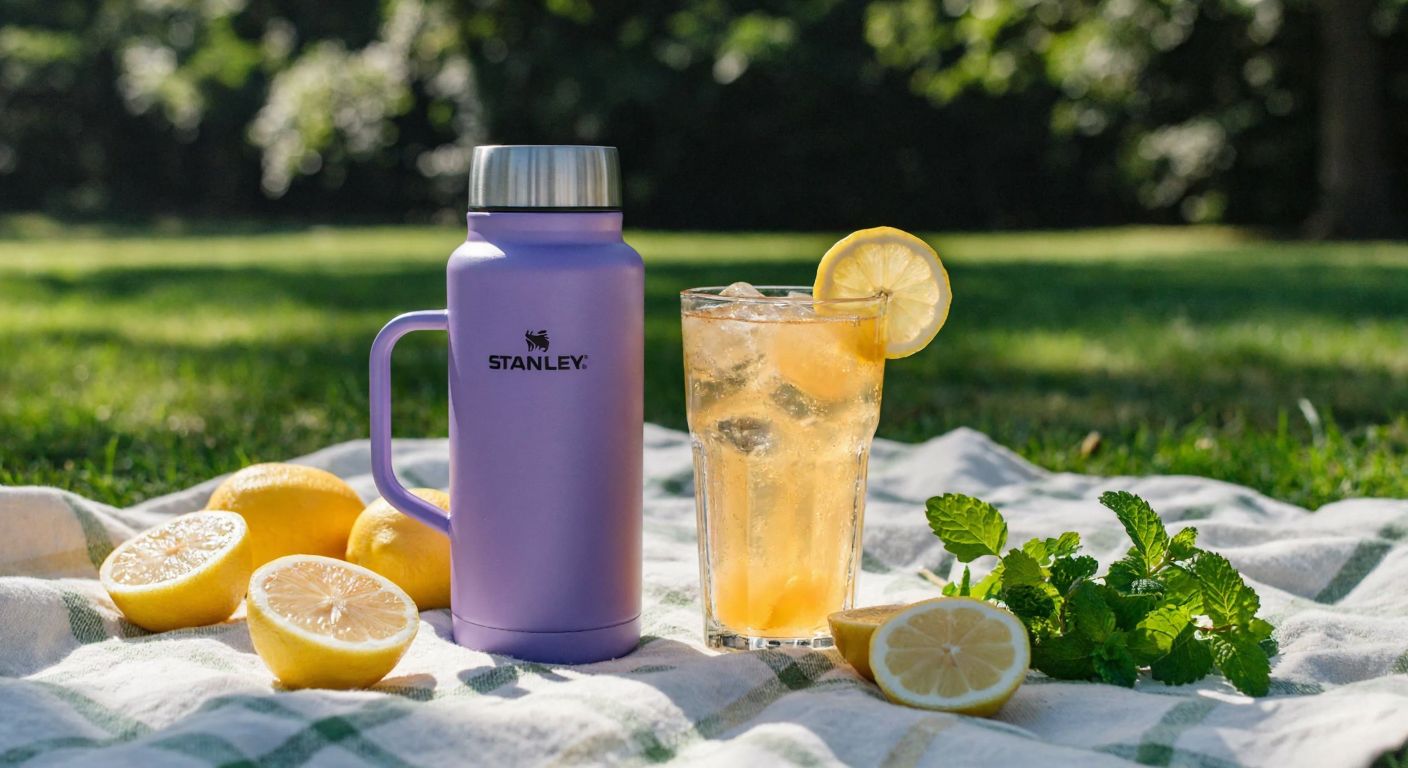 A sleek lavender Stanley Quencher thermos sits on a sunlit picnic blanket beside a glass of iced tea with condensation, surrounded by fresh lemon slices and mint leaves, evoking a refreshing outdoor break.
