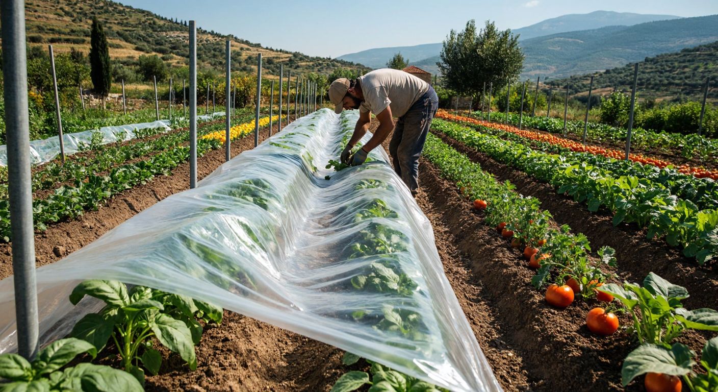 A sunlit Turkish garden with a person bending over to plant galvanized steel poles into rich soil, draping a transparent plastic film over them to form a low tunnel, while fresh vegetables peek from the edges.