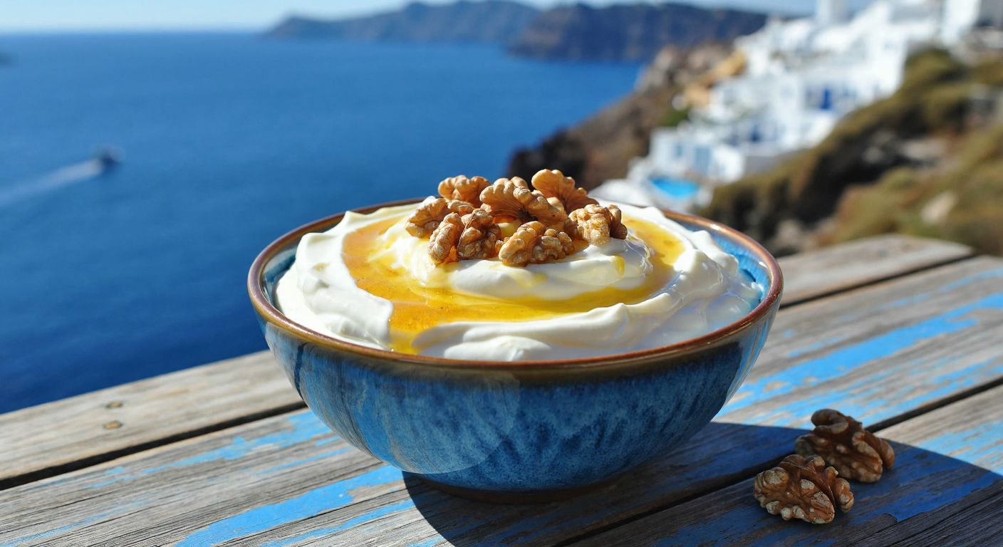 A vibrant bowl of thick, creamy Greek yogurt drizzled with golden honey and sprinkled with walnuts, placed on a rustic wooden table against a backdrop of blue and white Greek coastal scenery.