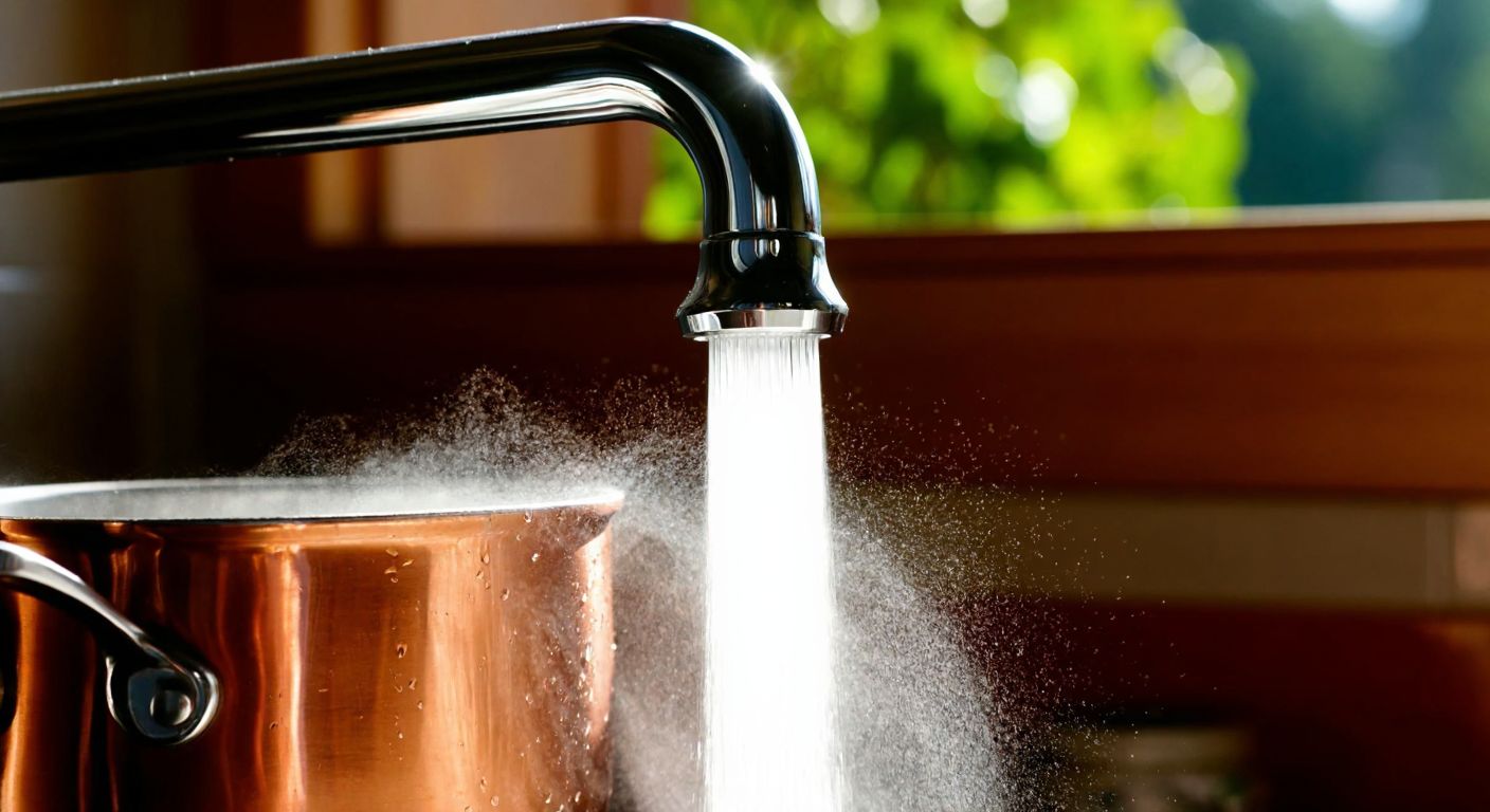 A close-up of a sleek, modern faucet head in a Turkish kitchen, spraying a fine mist of water over a copper pot while sunlight reflects off the droplets.