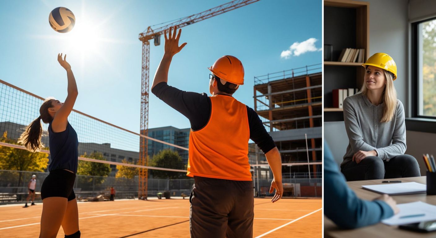 A split-image showing three scenes: a young volleyball player mid-spike on a sunlit court, a professional in a safety helmet inspecting a construction site, and a counselor comforting a teenager in a cozy office.