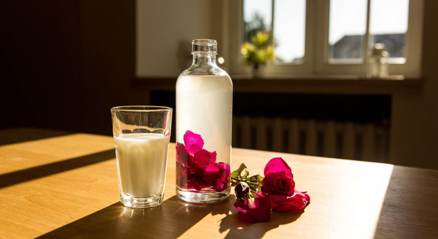 A glass of skim milk next to a small bottle of rose water with rose petals floating inside, both placed on a wooden table in a sunlit Turkish kitchen.
