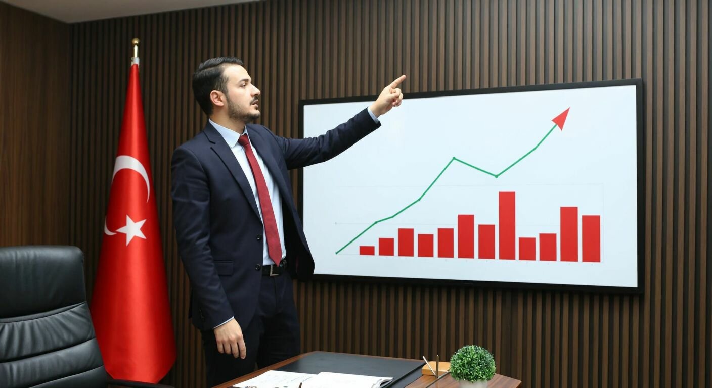 A Turkish economist in a formal suit points at a large chart with rising and falling lines while standing in an office with the Turkish flag in the background.