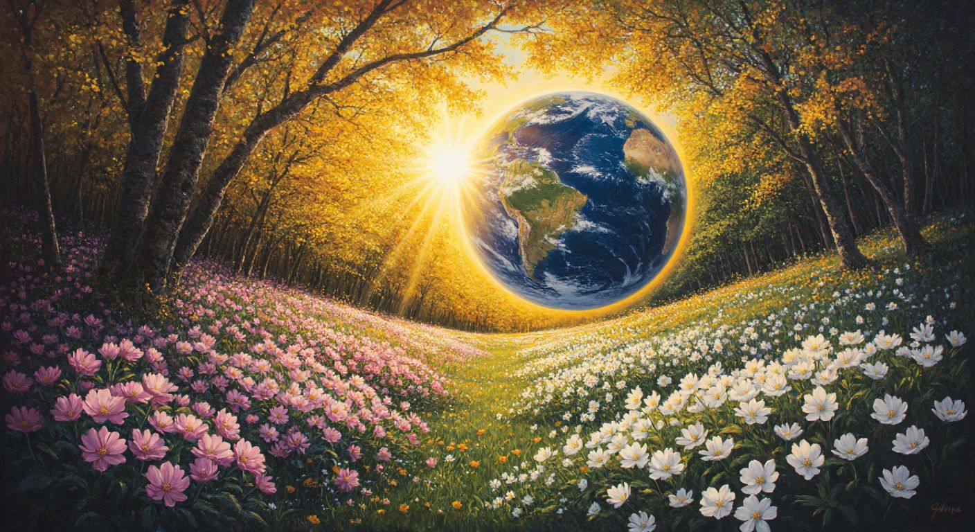 A glowing sun shines directly over Earth's equator, casting equal light on both hemispheres, with a serene landscape of blooming spring flowers in one half and golden autumn leaves in the other.