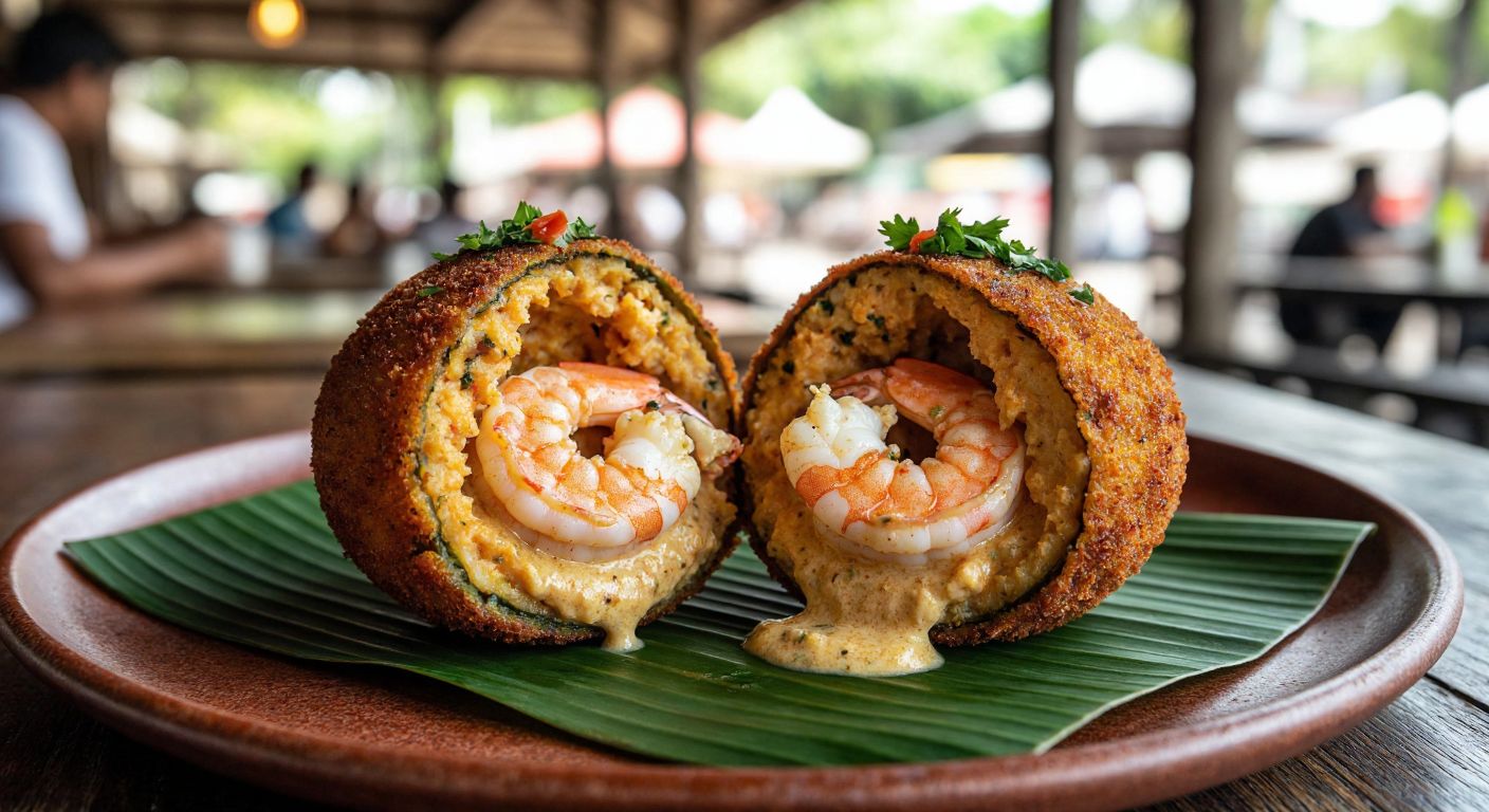 A golden-brown, deep-fried acarajé ball, split open to reveal a creamy vatapa filling with hints of cashew and coconut milk, topped with plump shrimp and a sprinkle of malagueta pepper, resting on a banana leaf in a bustling Brazilian street market.