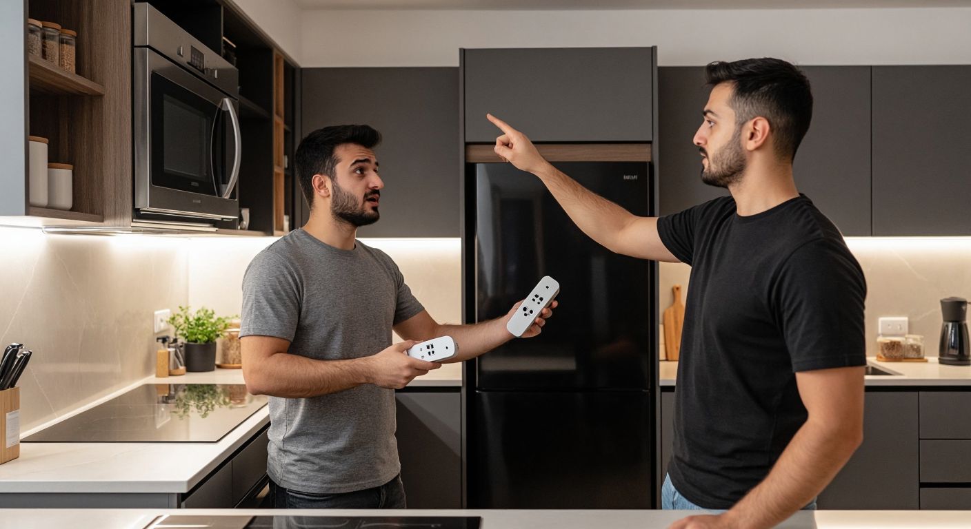 A Turkish kitchen with sleek built-in appliances, a concerned homeowner holding a triple power strip, and a professional electrician shaking their head while pointing to a grounded wall outlet.
