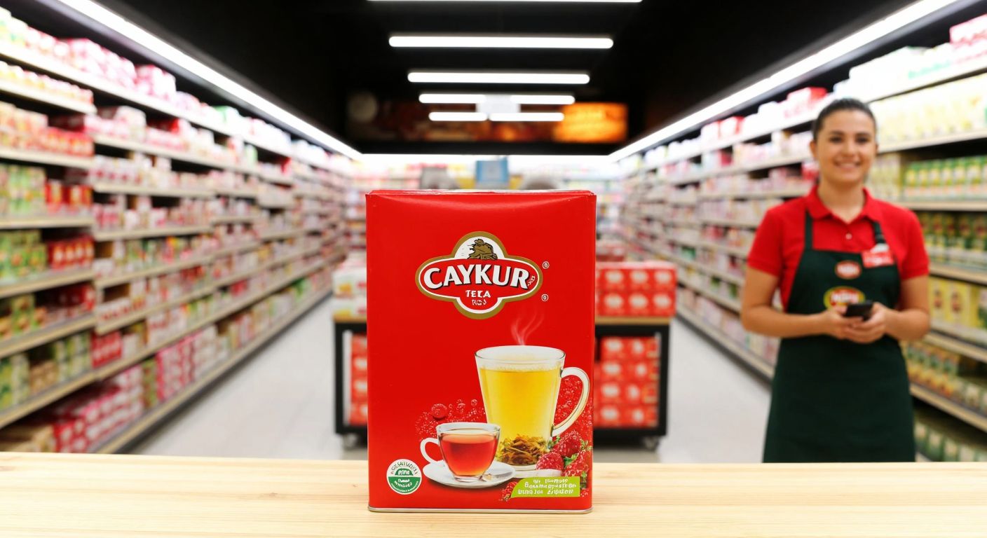 A bright red box of Çaykur Çaycı tea sits on a wooden table in a well-lit Migros supermarket aisle, surrounded by neatly stacked tea packages, with a smiling shop assistant in a Migros uniform nearby.