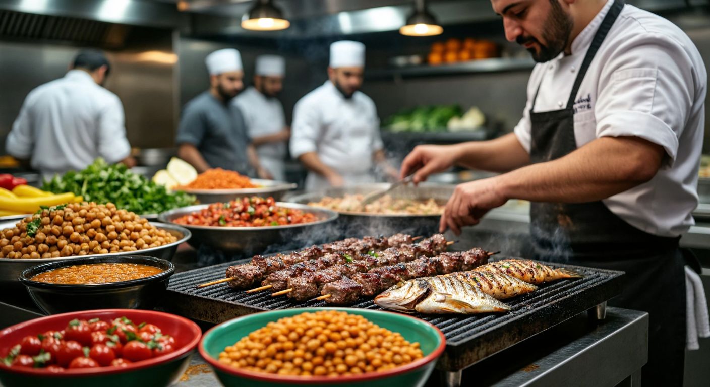 A Turkish chef in a bustling Istanbul kitchen grills succulent lamb kebabs and fresh fish, while colorful bowls of lentils and chickpeas sit nearby, offering safe alternatives for someone with a chicken allergy.