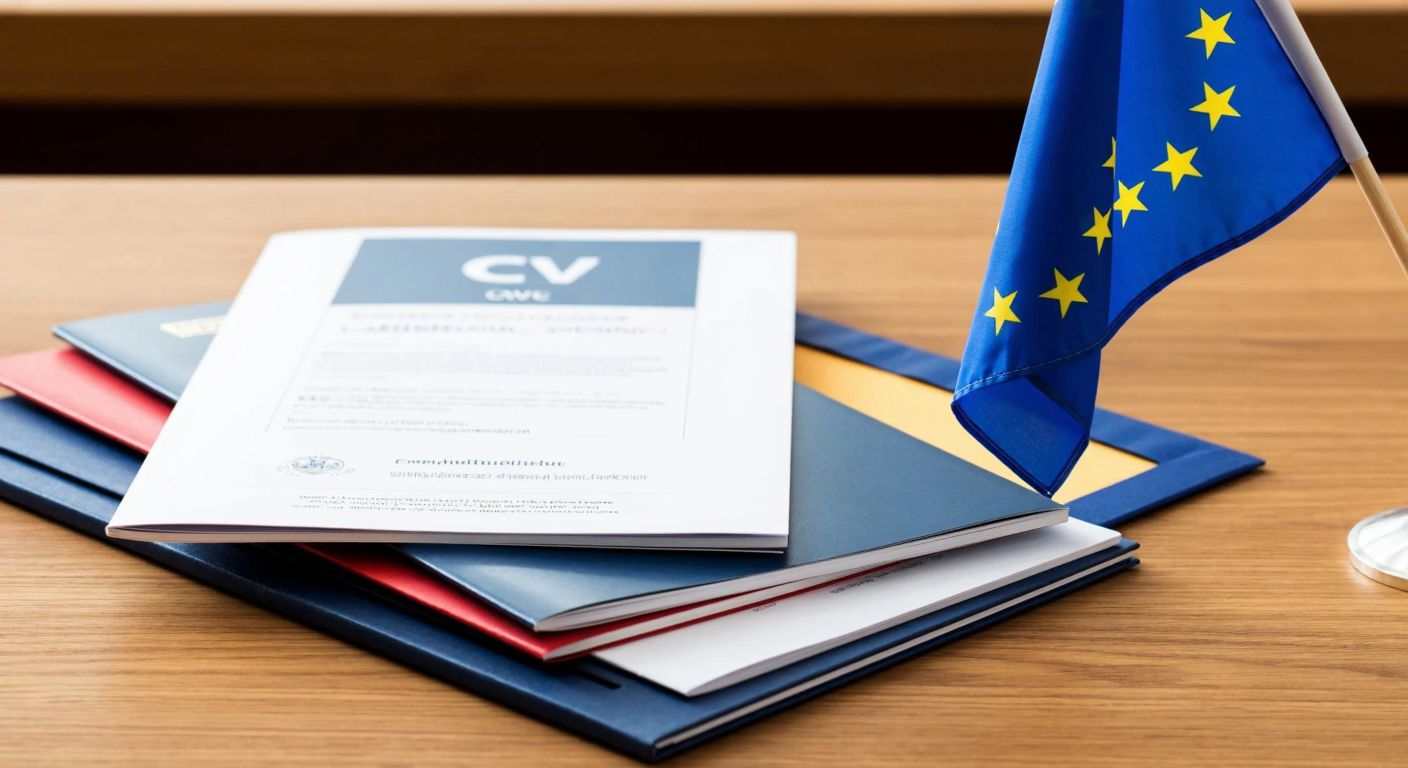 A neatly arranged stack of five distinct documents—a CV, a language passport, a certificate supplement, a diploma supplement, and a mobility record—resting on a wooden desk with a European flag pin nearby, symbolizing professional and educational credentials.