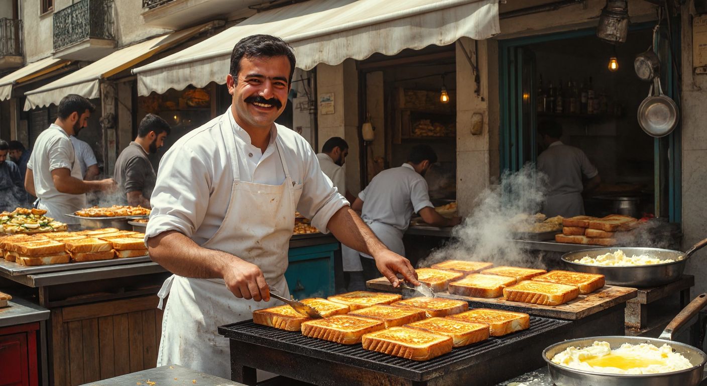 A cheerful, mustachioed man in a white apron grilling golden-brown toasts at a bustling street-side stall in Gaziantep, surrounded by the aroma of melted cheese and butter.