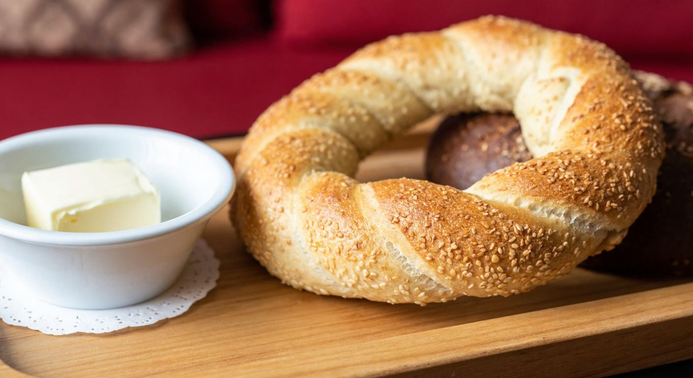 A warm, golden-brown simit resting on a wooden bakery tray, with a small bowl of margarine and a traditional Turkish butter dish placed side by side, evoking a cozy bakery atmosphere in Istanbul.