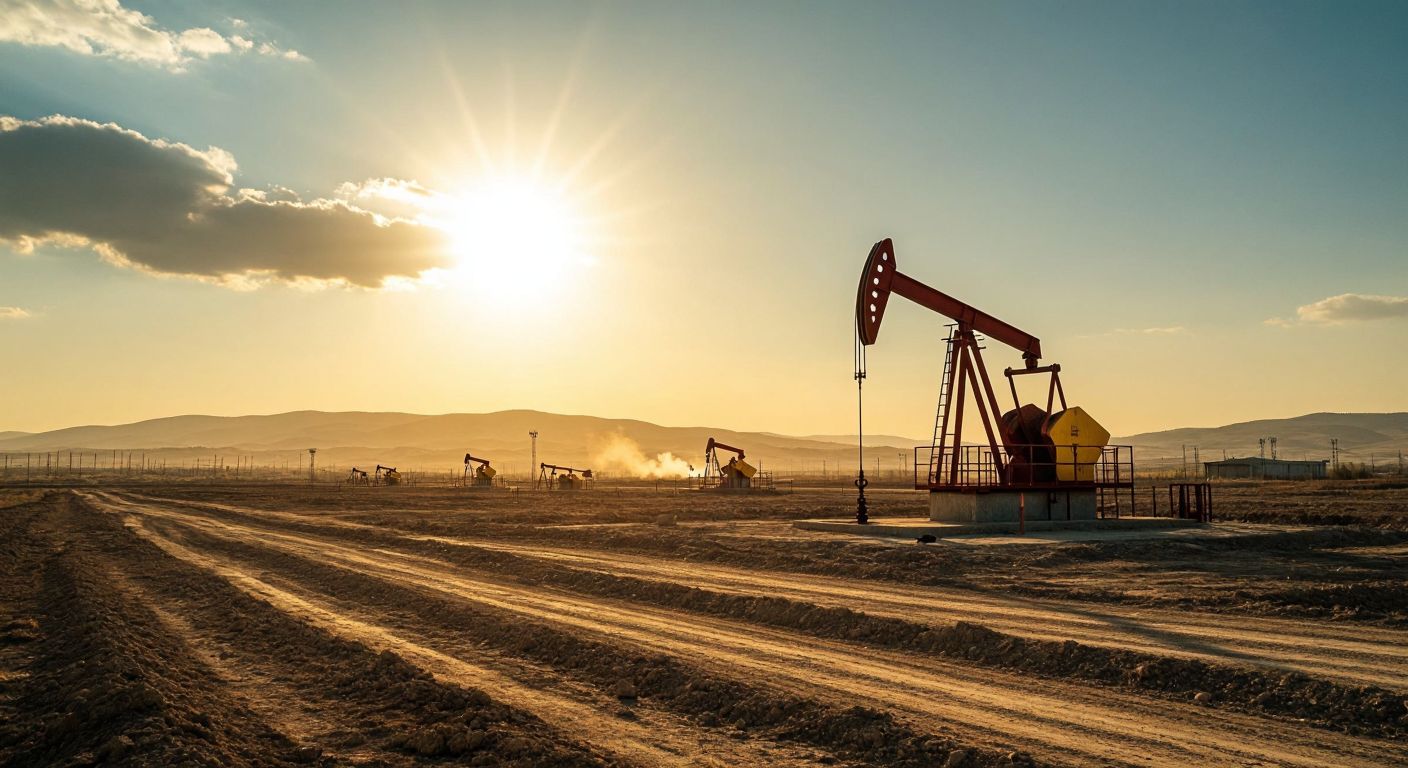 A barren oil field under a bright Turkish sun, with a small, active pumpjack working slowly beside a much larger, idle one, symbolizing the 10% local production versus 90% reliance on imports.