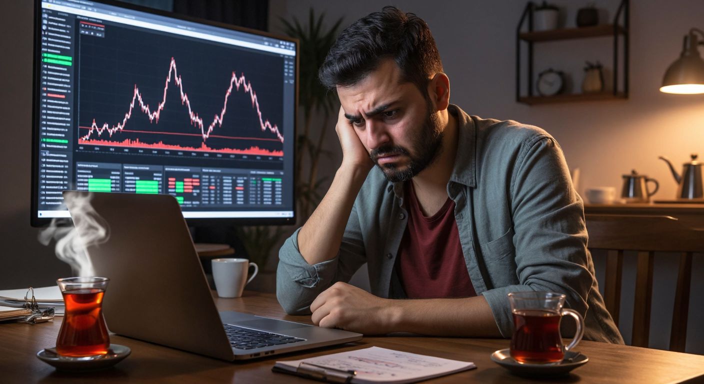 A Turkish man in a casual outfit frowns at a laptop screen displaying fluctuating cryptocurrency graphs, with a steaming cup of Turkish tea and a notepad with scribbled calculations beside him.