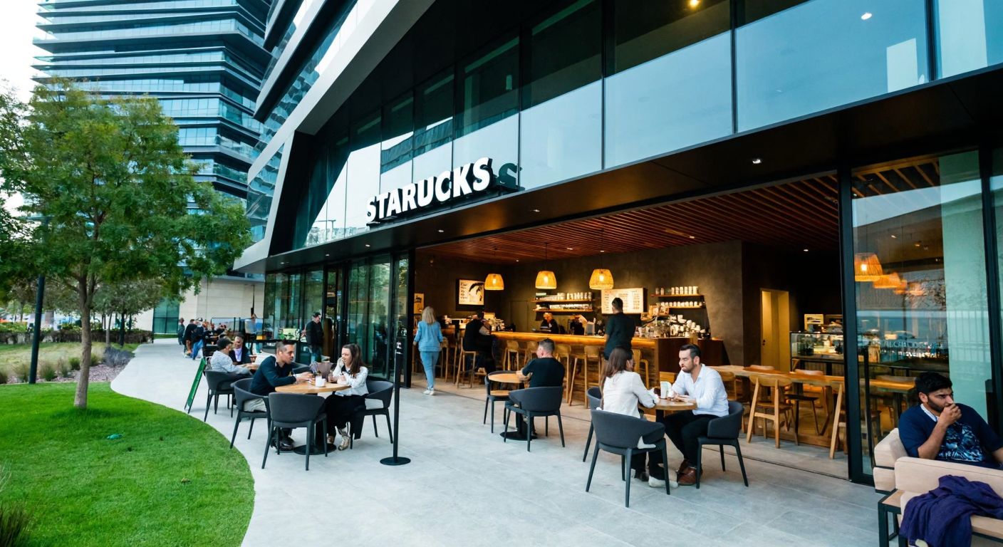 A modern glass skyscraper (Folkart Towers) in İzmir with a cozy Starbucks café inside, where people in casual attire sip coffee amidst sleek furniture and warm lighting.