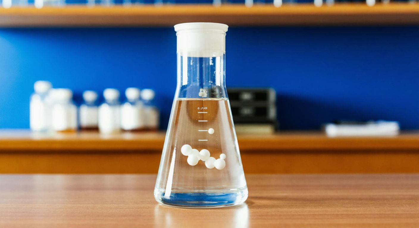 A clear glass beaker filled with water on a wooden lab table, with tiny molecular models floating inside, symbolizing molality (mol/kg) in a chemistry context.