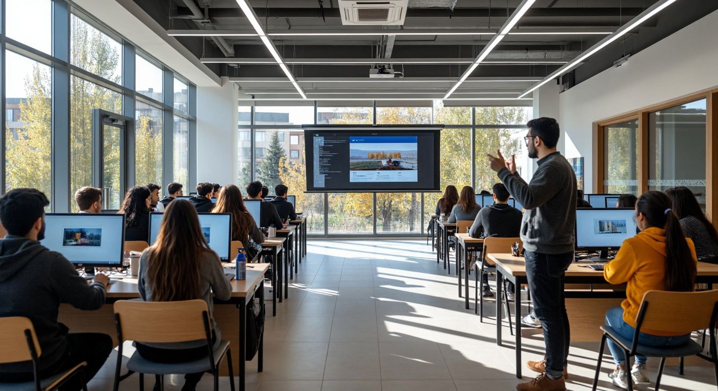 A modern university campus in Çankırı with students sitting in a sunlit computer lab, focused on their screens while a professor gestures toward a digital learning platform displayed on a large monitor.