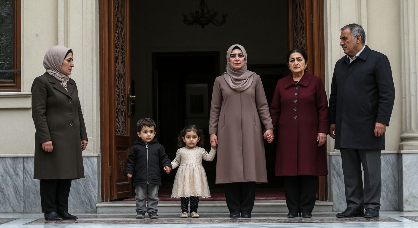 A solemn Turkish family—a veiled widow in a modest headscarf, two young children holding her hands, and an elderly couple standing beside them—gather under a government office’s arched doorway, their expressions reflecting quiet resilience and hope.