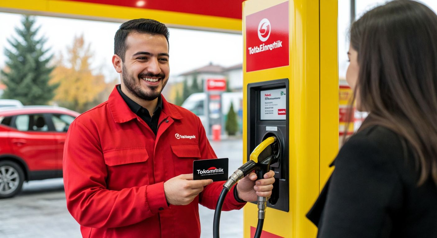 A smiling Turkish gas station attendant in a TotalEnergies uniform hands a customer a fuel pump nozzle while the customer presents a sleek black Yakıtmatik membership card against the backdrop of a bright yellow-and-red TotalEnergies station.