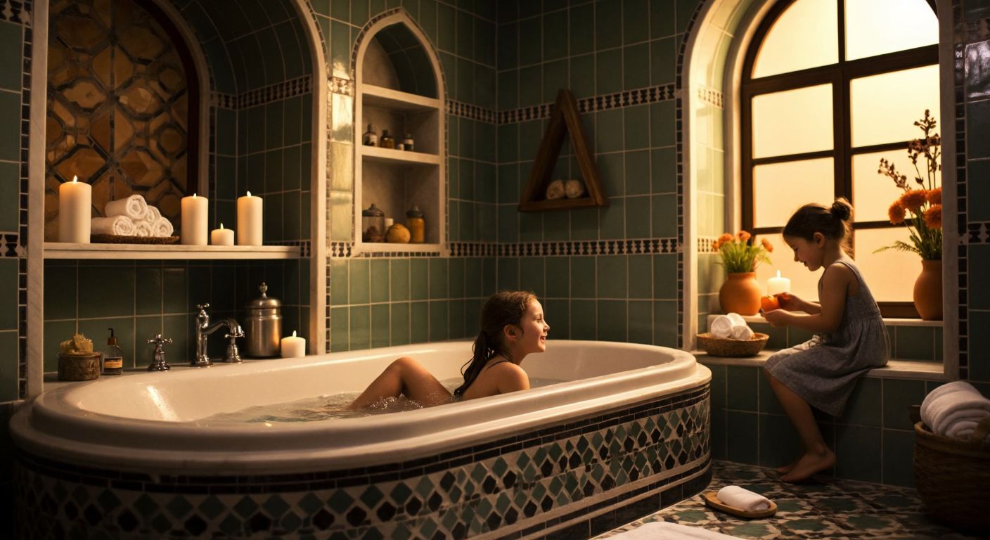 A warm, tiled Turkish bathroom with a person relaxing in a bathtub surrounded by fragrant soaps, a playful child splashing water, and a small shelf holding aromatic oils and a book.
