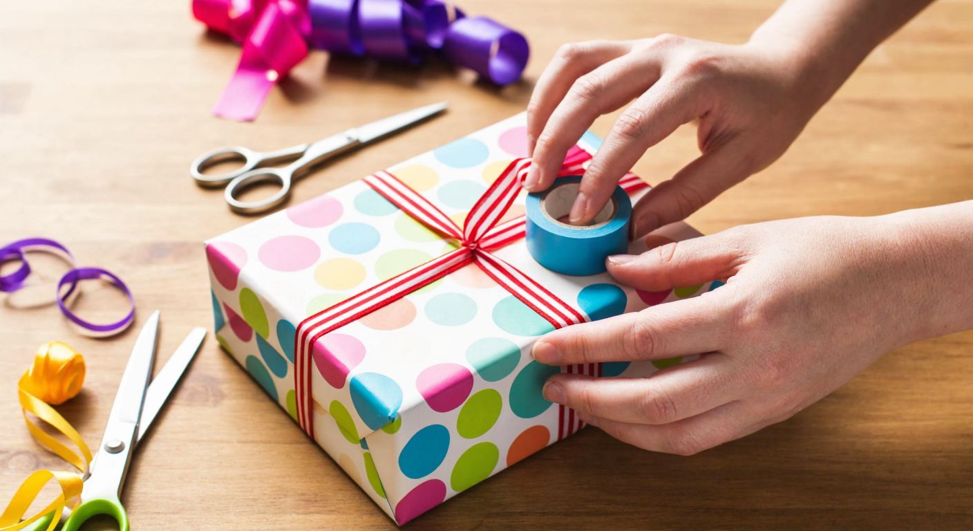 A close-up of a person's hands using a small roll of adhesive tape to neatly wrap a colorful gift box on a wooden table, with scattered craft supplies like scissors and ribbons nearby.