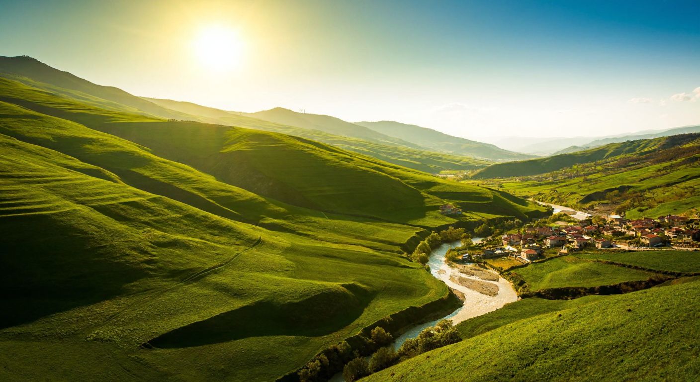 A vibrant, sunlit Turkish landscape with rolling green hills, a winding river, and a small village nestled in the valley, illustrating the concepts of location, place, region, movement, and human-environment interaction.