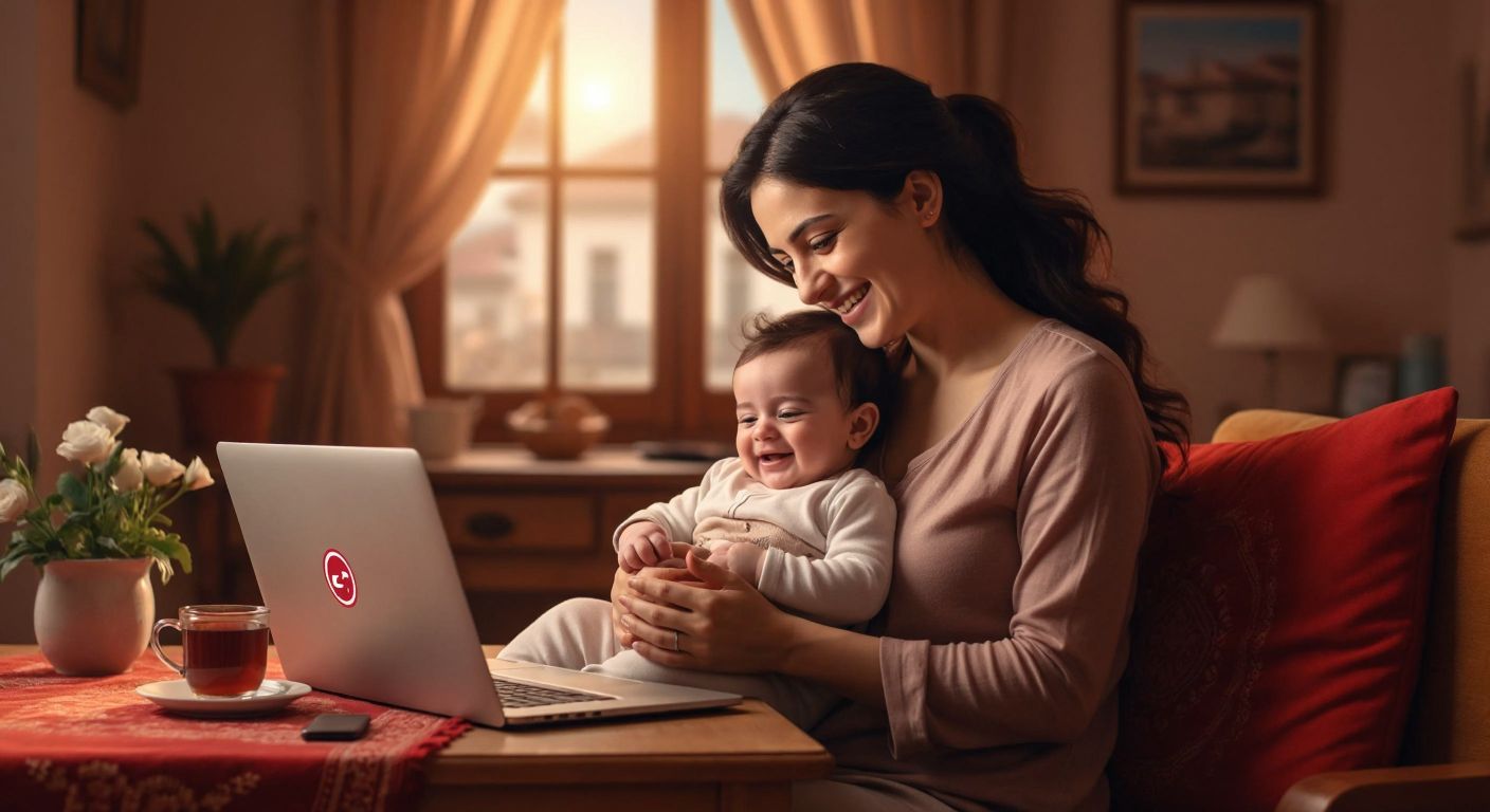 A young mother in a cozy Turkish home, holding her newborn while smiling at a laptop screen displaying the e-Devlet logo, with a warm cup of çay on the table beside her.