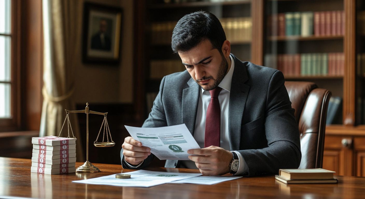 A Turkish businessman in a formal suit carefully examines a financial document while a stack of lira banknotes and a small scale symbolizing debt repayment sit on a wooden desk in a well-lit office.