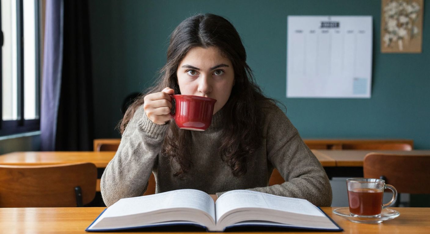 A young Turkish student sitting at a wooden desk with an open English textbook, looking determined while holding a cup of çay, with a calendar showing four months marked in the background.