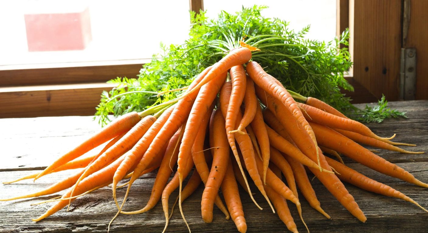 A vibrant pile of fresh orange carrots with green tops, resting on a rustic wooden table in a sunlit Turkish kitchen.
