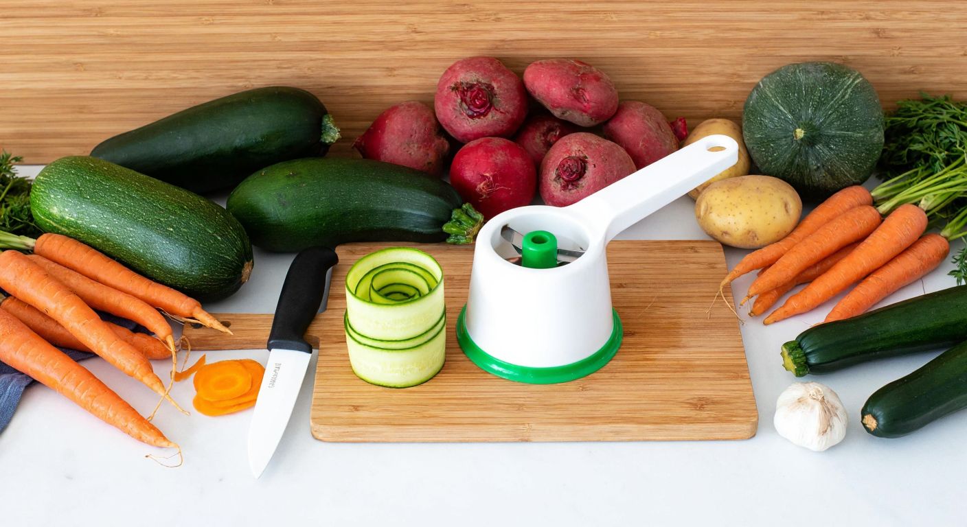 A Turkish kitchen counter with a spiral vegetable slicer surrounded by fresh zucchini, carrots, potatoes, cucumbers, and beets, their vibrant colors contrasting against a wooden cutting board.