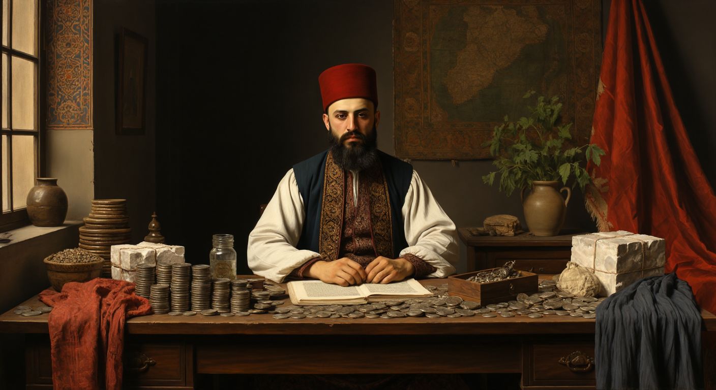 A solemn Ottoman-era official in a fez sits at a wooden desk piled with stacks of coins, tobacco leaves, salt blocks, and silk fabrics, symbolizing the taxes managed by the Düyun-u Umumiye.