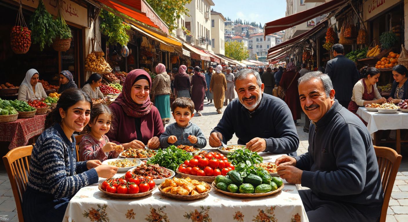 A Turkish family sits around a dining table laden with fresh produce and local dishes, smiling as they share food, while a market scene with bustling shoppers and vendors unfolds in the background.