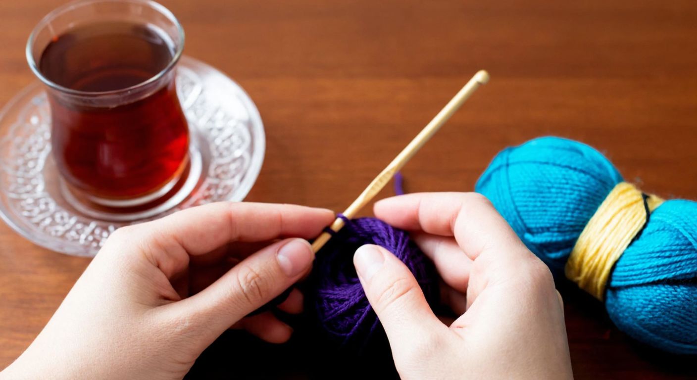 A pair of hands holding a crochet hook and colorful yarn, meticulously crafting a small, circular coaster with intricate stitches, resting on a wooden table beside a steaming cup of Turkish tea.