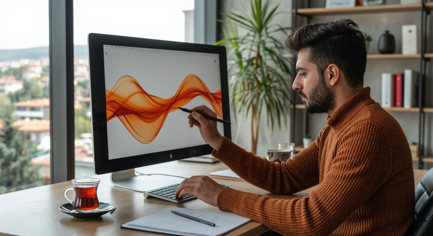 A person in a modern office in Turkey carefully draws a smooth, flowing curve on a computer screen using a stylus, with a focused expression and a cup of Turkish tea nearby.