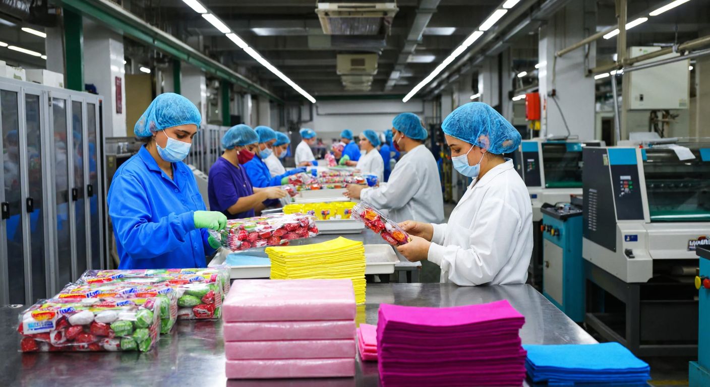 A bustling Turkish factory with workers in hairnets packaging colorful candies and stacks of wet wipes, while another section hums with printing machines producing vibrant packaging materials.