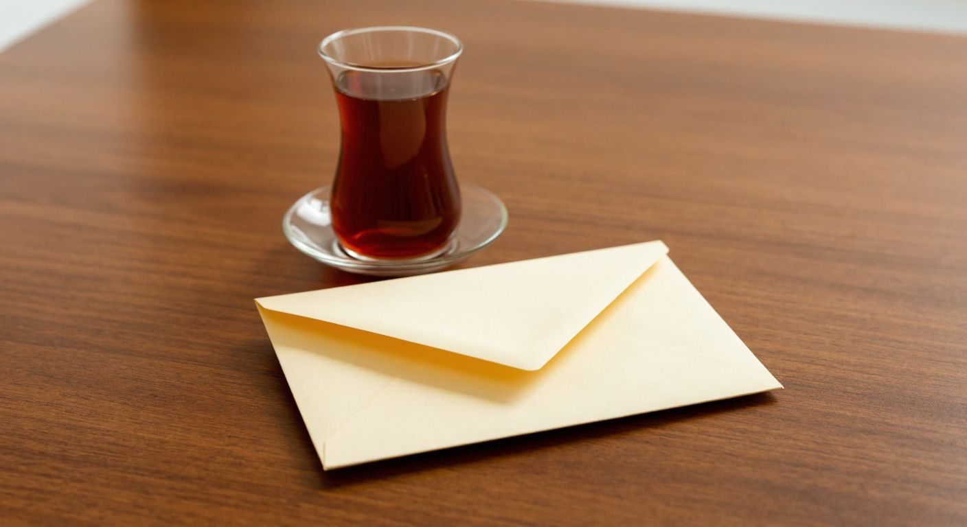 A small, cream-colored envelope with a neatly folded edge rests on a wooden table beside a traditional Turkish tea glass, evoking a sense of simplicity and everyday correspondence.