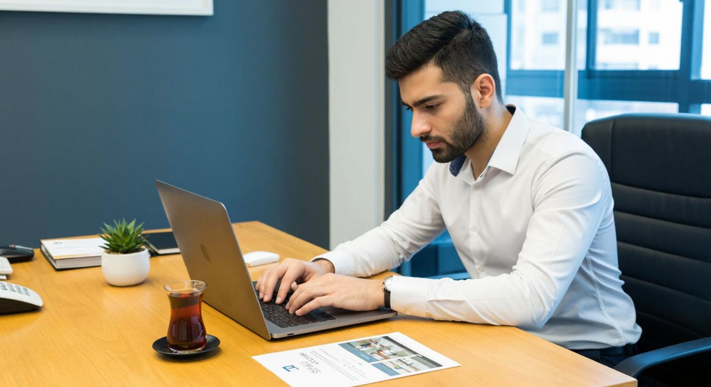 A young professional in a neat outfit sits at a wooden desk in a modern Turkish office, intently typing on a laptop with a cup of Turkish tea beside them, while a printed CV and a small potted plant rest nearby.