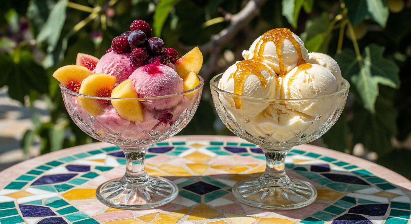 A vibrant Turkish summer scene with two glass bowls side by side—one filled with pastel-colored, icy sorbet topped with fresh fruit slices, and the other with creamy, golden vanilla ice cream drizzled with honey, resting on a mosaic-patterned table under the shade of a fig tree.