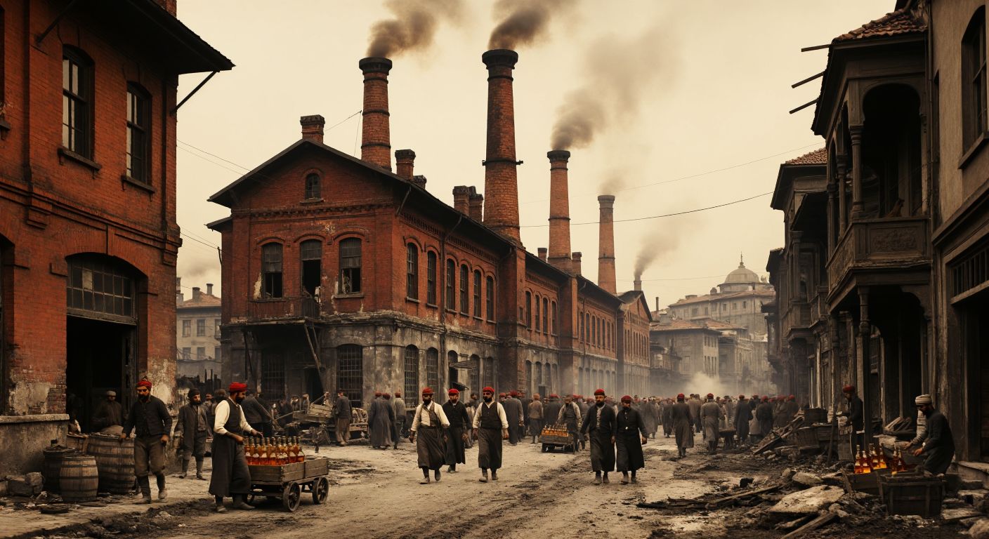 A weathered red-brick factory with tall smokestacks in Mecidiyeköy, surrounded by bustling early 20th-century Istanbul streets, with workers in traditional Ottoman-style caps carrying crates of amber-colored liquor bottles.