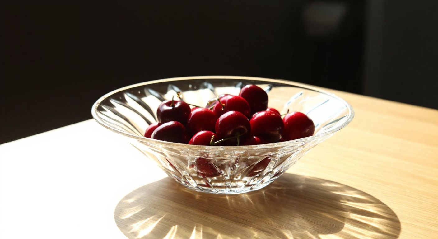 A delicate, translucent Paşabahçe Frezya bowl resting on a sunlit wooden table, filled with fresh red cherries, reflecting light through its glass surface.