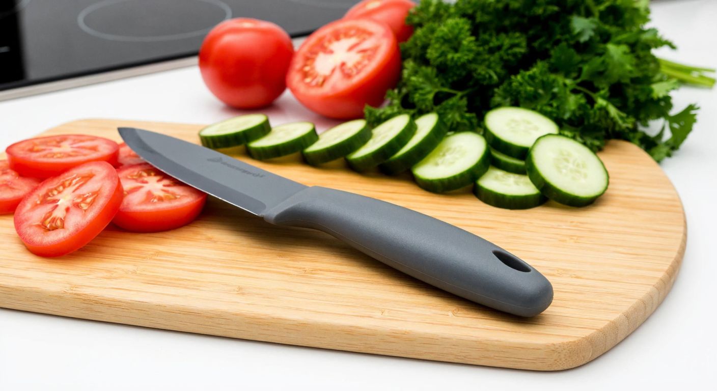 A small, ergonomic Tupperware knife with a protective sheath rests on a wooden cutting board beside freshly chopped tomatoes, cucumbers, and parsley in a bright Turkish kitchen.