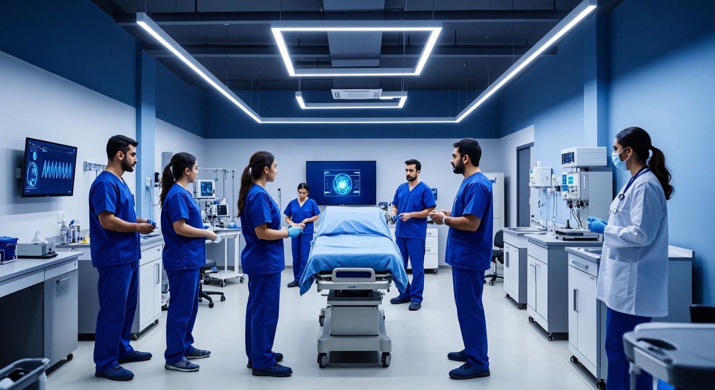 A modern training room in Turkey with diverse professionals—technicians in blue uniforms, medical staff in scrubs, and corporate employees—engaged in hands-on learning with appliances, medical equipment, and vehicle parts under bright lighting.
