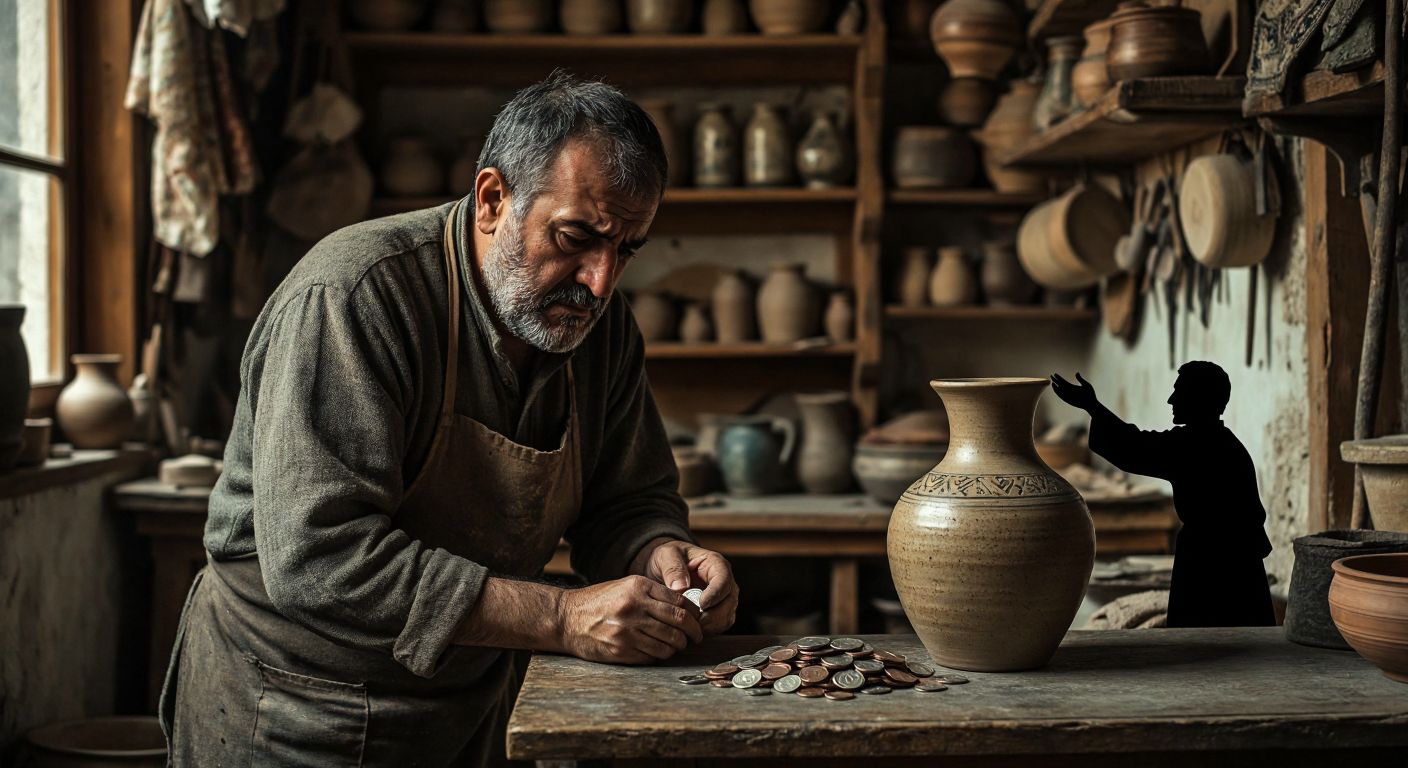 A Turkish artisan in a cozy workshop frowns at a small pile of coins next to a handmade ceramic vase, with a shadowy figure (representing taxes) reaching toward the money.