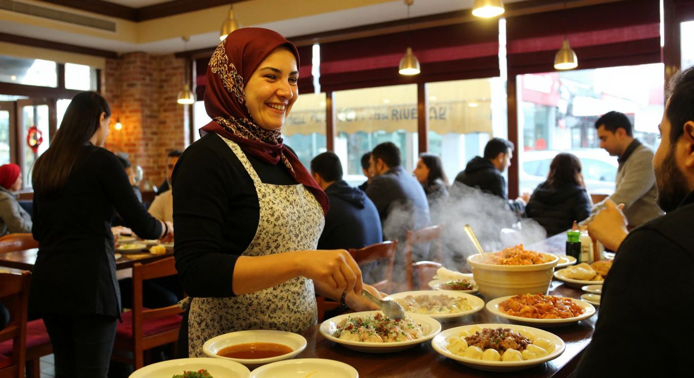 A warm, bustling Ankara restaurant with a smiling woman in a traditional headscarf serving steaming plates of Turkish manti to delighted customers.