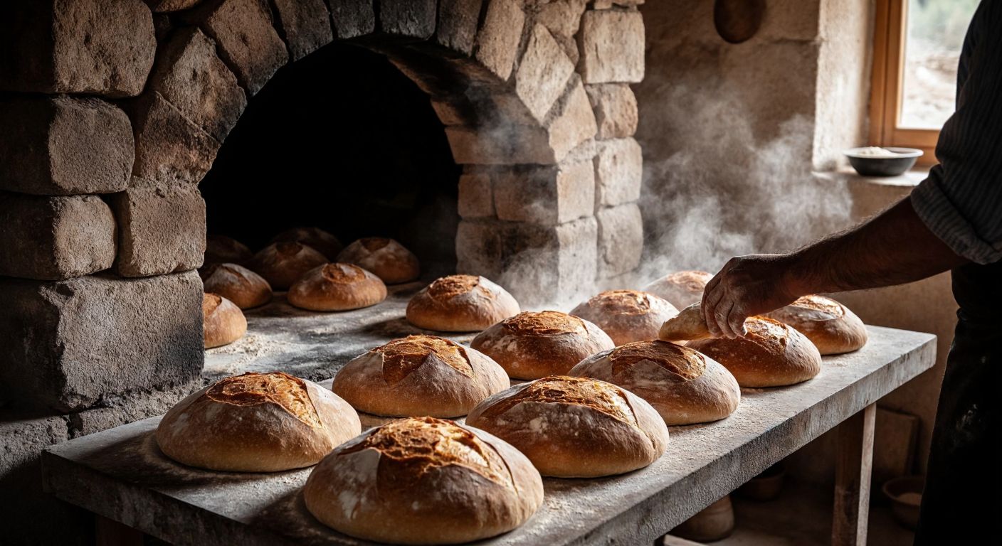A rustic stone oven in a Turkish village bakes golden-brown, round loaves of Kelkit bread, their crusts crackling as a baker dusted with flour carefully tends to them, the warm aroma of butter and wheat filling the air.
