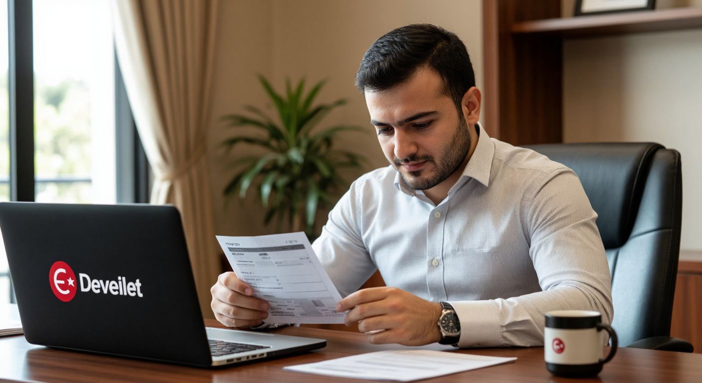 A focused Turkish civil servant in a neat office, wearing a formal shirt, carefully reviewing a printed payslip with a relieved expression, while a laptop displaying the e-Devlet logo sits open on the desk.