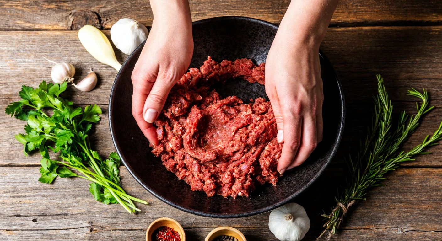 A pair of hands kneading a bowl of seasoned ground meat with a splash of water, surrounded by fresh herbs and spices on a rustic wooden table in a Turkish kitchen.