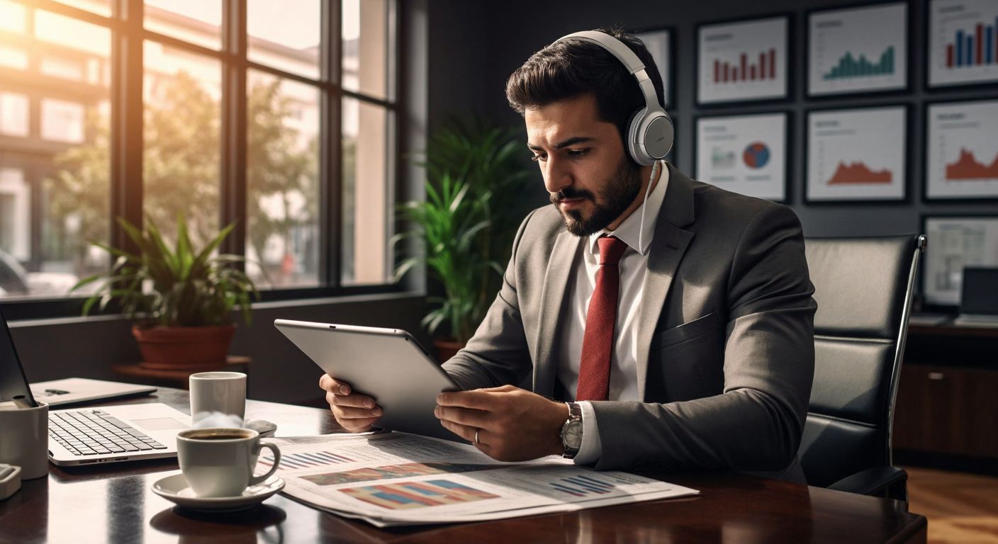 A Turkish businessman in a modern office reviews financial charts on a tablet while listening to a podcast, with a steaming cup of Turkish coffee and a newspaper headline visible on the desk.